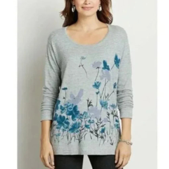 J. Jill XL Gray Grey Cotton Blend Blue Floral Pullover Scoop-Neck Sweater - Picture 14 of 14